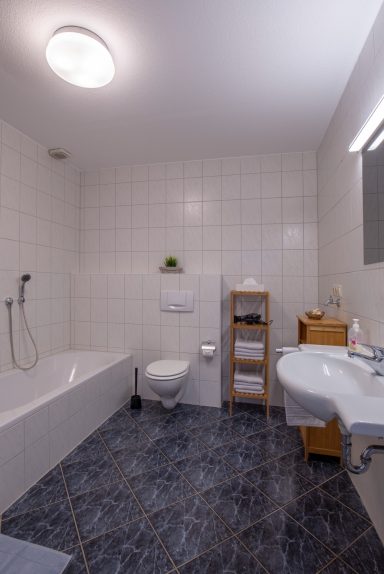 Helles Badezimmer mit Badewanne, Dusche, WC und Holzregal für Handtücher.