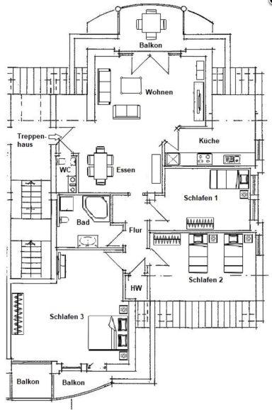 Grundriss eines Hauses mit Schlafzimmern, Wohnzimmer, Küche und Bädern.