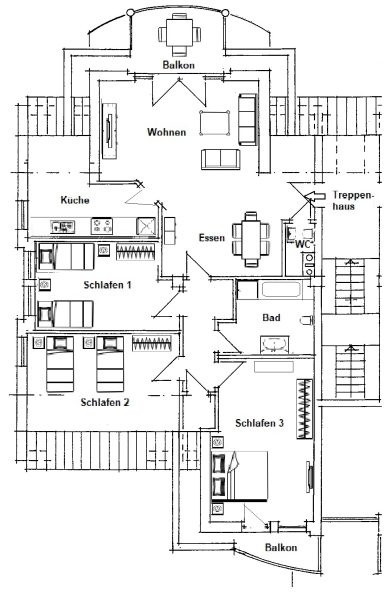 Grundriss eines Hauses mit Schlafzimmer, Wohnzimmer, Küche und Essbereich.